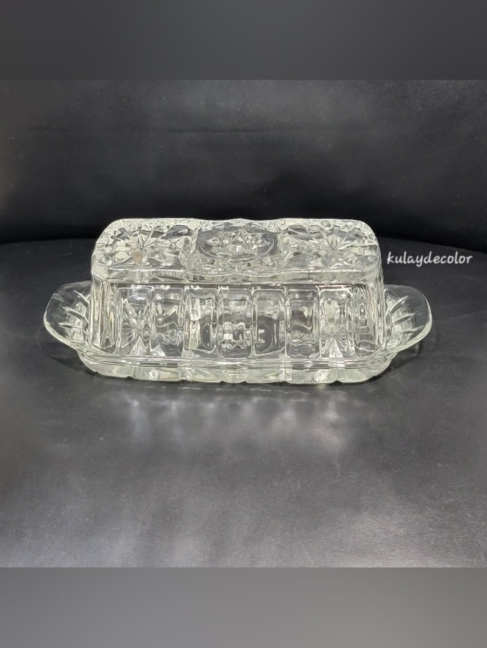 Vintage Anchor Hocking Pressed Glass Covered Butter Dish Star of David Pattern